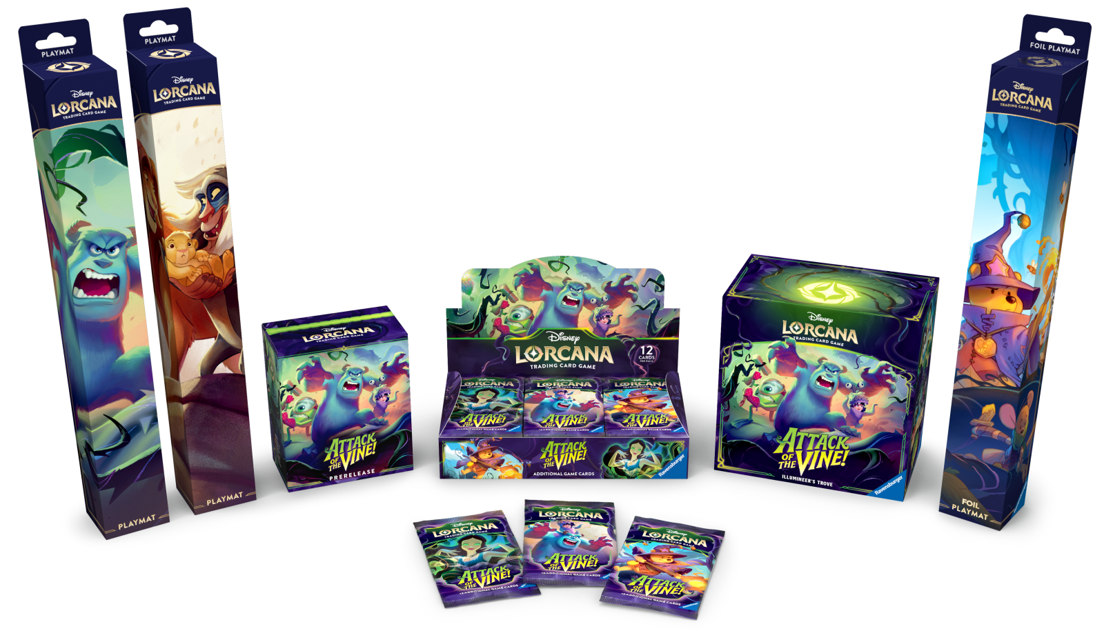 Disney Lorcana Attack of the Vine product range: booster display, booster packs, Illumineer's Trove and playmat